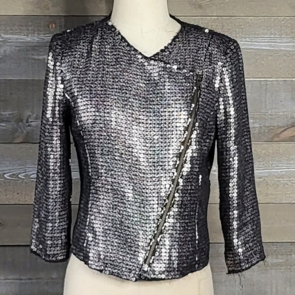 Express Sequin Raw Distressed Hem Black Silver 3/4 Sleeve Moto Jacket